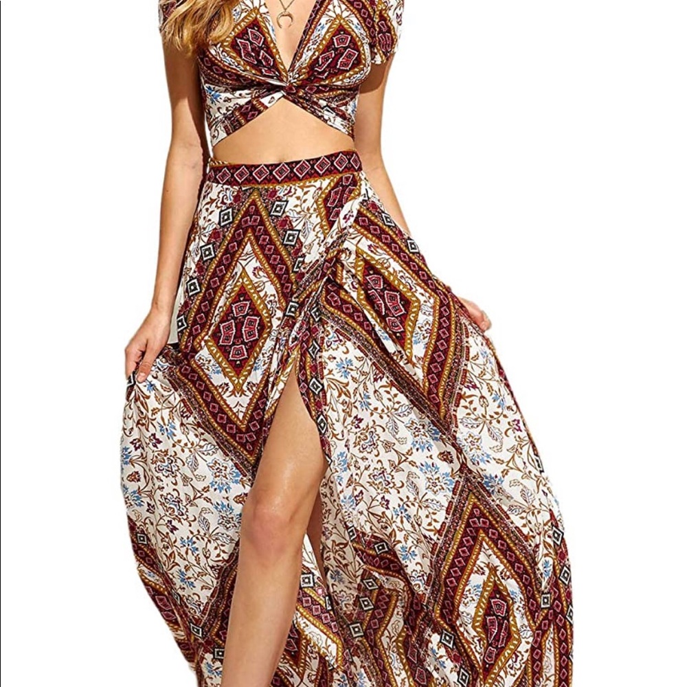 2 Piece Boho Top and High Split Maxi Skirt Set